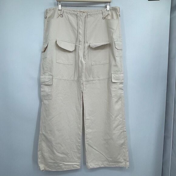 Et Clet Cream Straight Wide Leg High Waist Cotton Multi Pocket Cargo Pant Medium - Picture 1 of 10